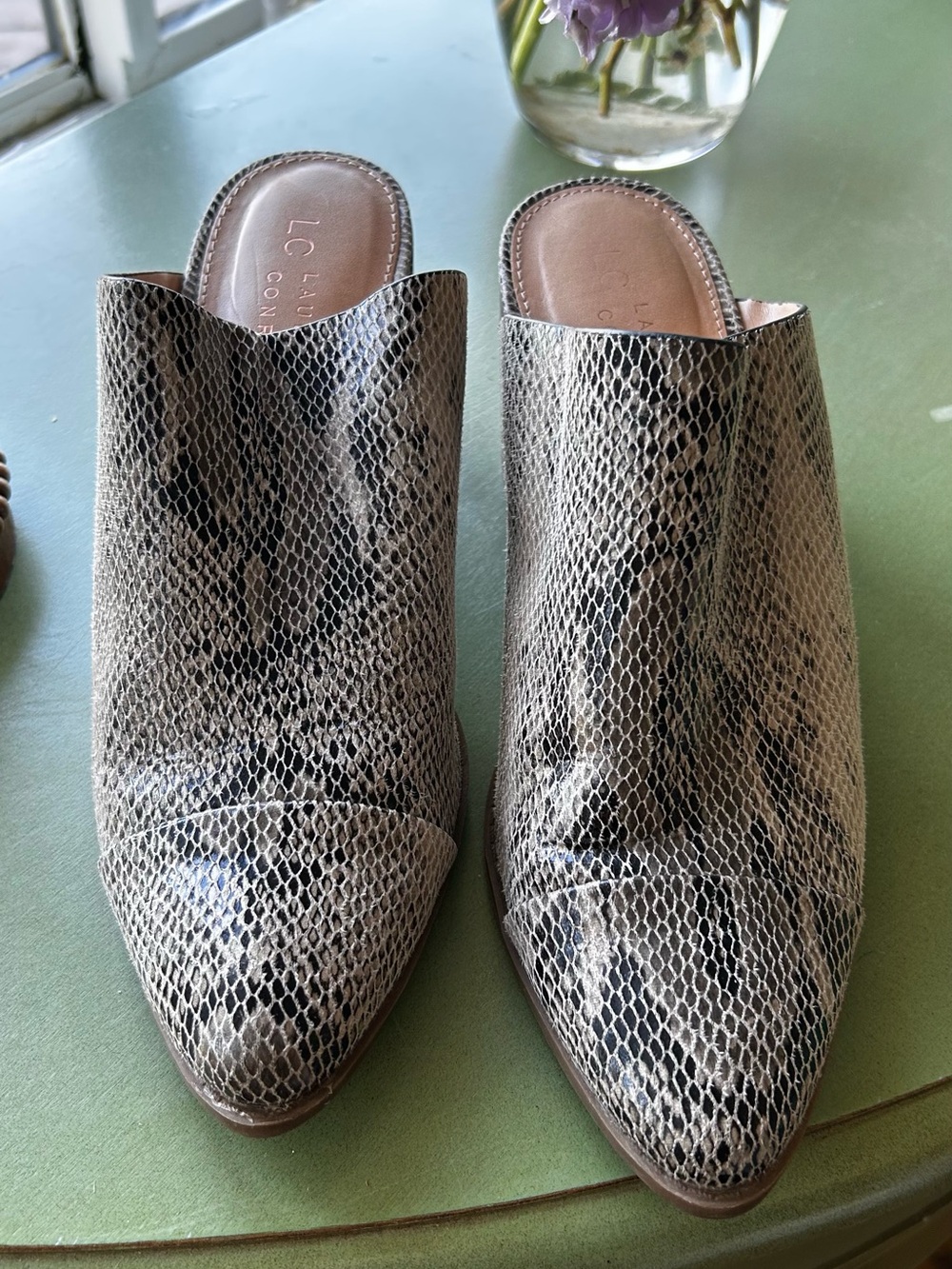 LC Lauren Conrad Ginseng Snake Print Pointed Toe Mules Heels 8.5